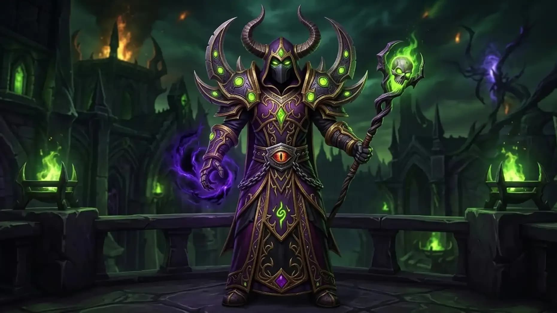 Deathrattle Regalia (Tier 18, Mythic Recolor): Best Dark Transmog Sets for Warlock WoW Has in Fel Green